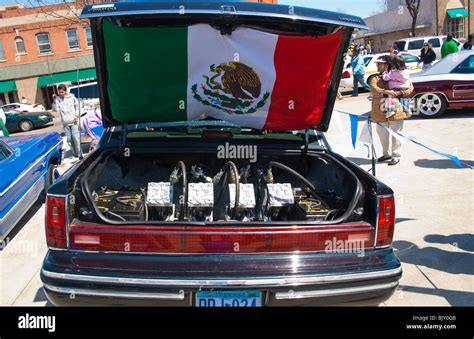 Trunk of customized Lowrider car containing the lift hydraulics and ...