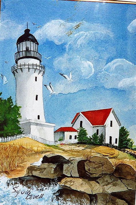 lighthouse -painted by Sylvia Lovell | Lighthouse painting, Lighthouse art, Landscape paintings