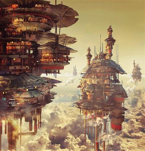 Floating cities, Anthony Brault, Digital, 2019 - Art Fantasy City, Fantasy Places, Fantasy World ...