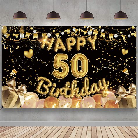 Buy Happy 50th Birthday Banner Backdrop, Black Gold 50th Birthday Decorations Men Women, 50 ...