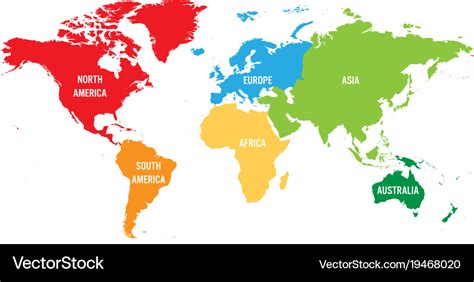 World map divided into six continents each Vector Image