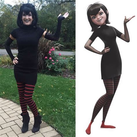 a woman in black and red striped tights next to an image of a cartoon character