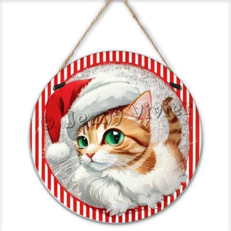 Cute Kitten Retro Christmas Wreath Signs Wooden Signs Vintage Style ...