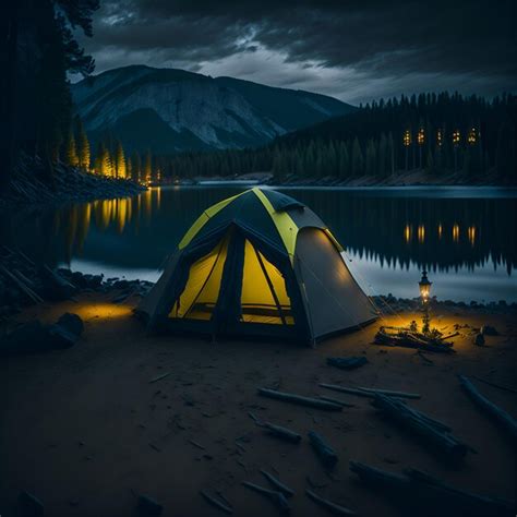 Premium AI Image | Night camp with tent campfire trees lake and mountains on background