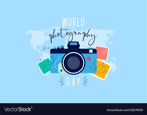 Flat design world photography day logo Royalty Free Vector