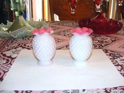 Pair Small Hobnail Milk Glass Vases With Pink Milk Glass Linings -- Antique Price Guide Details Page