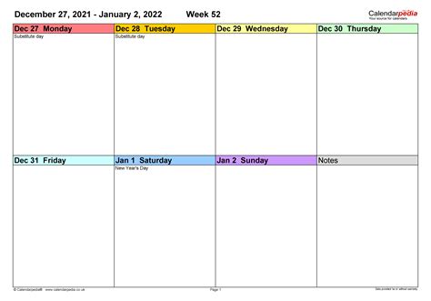 Printable Weekly Calendar For 2022