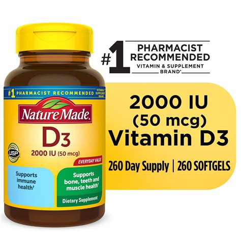 Nature Made Vitamin D3 2000 IU (50 mcg) Softgels, Dietary Supplement for Bone and Immune Health ...