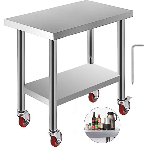 VEVOR 30x18x34 in Stainless Steel Work Table 3-Stage Adjustable Shelf with 4 Wheels Commercial ...