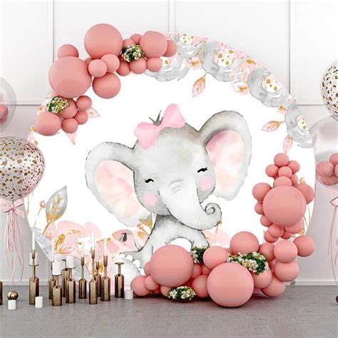 Round Pink And Grey Elephant Theme Baby Shower Backdrop -Lofaris | Elephant baby shower theme ...