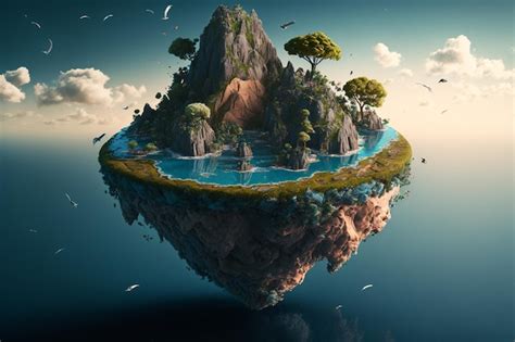 Premium Photo | Photo fictitious floating island with trees and sea