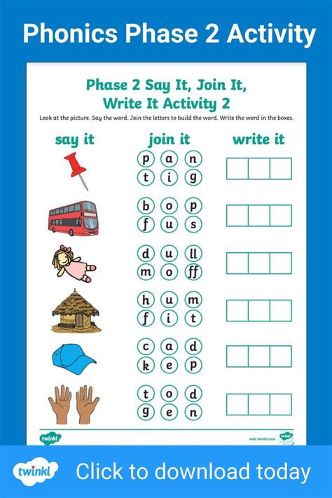 Phonics Phase 2 Worksheet - Say it, Join it, Write it | Phonics, Phase ...