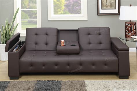 F7202 Silia collection espresso faux leather folding futon sofa bed with storage in the arms ...