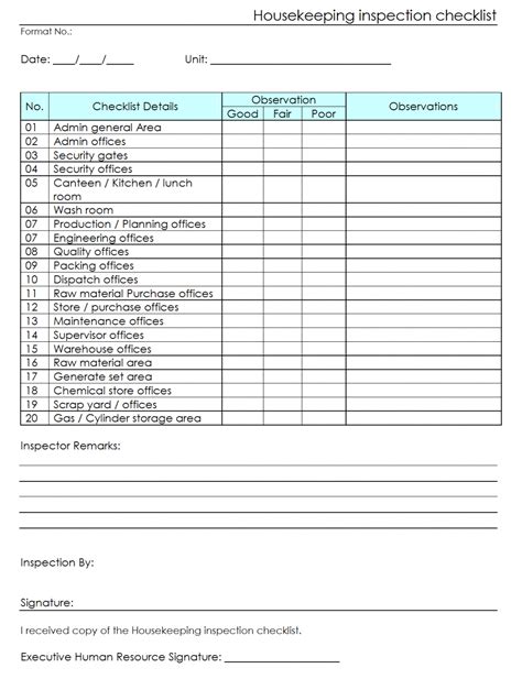 Housekeeping Inspection Checklist Template