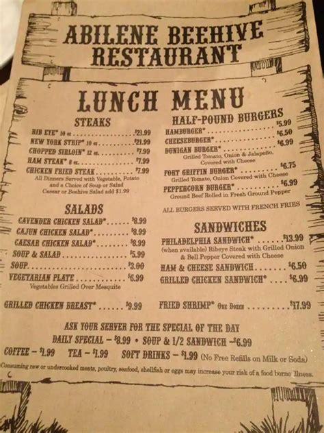 Menu at Beehive Restaurant, Abilene