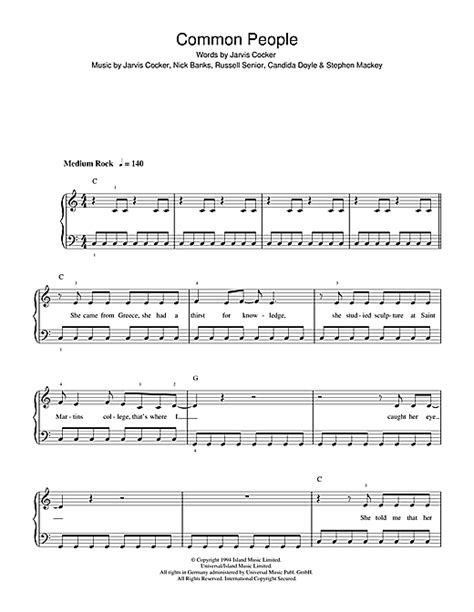 Pulp "Common People" Sheet Music Notes | Download Printable PDF Score 49794