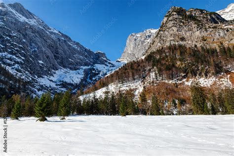 Alps landscape with snow capped mountains in the late autumn season ...