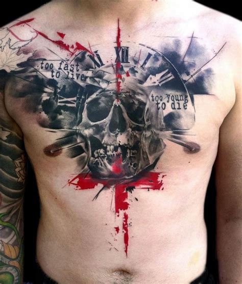 Original combined colored bloody skull with clock and lettering tattoo on chest - Tattooimages.biz