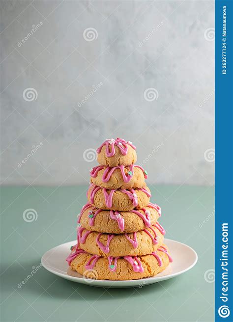 Norwegian Almond Cake Cookies with Pink Icing in the Form of a Spruce ...