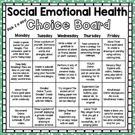 Social Emotional Choice Board: Distance Learning | Social emotional health, Social emotional ...