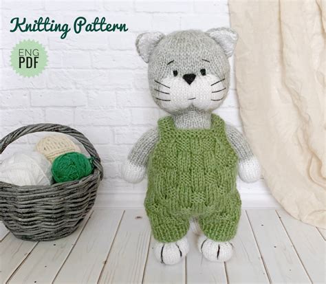 Cat Knitting Pattern, DIY Stuffed Animal,cat in Overall, Gift for Kids ...