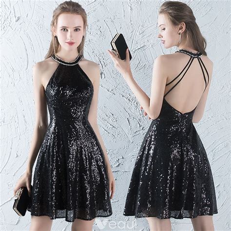 Sparkly Glitter Party Dresses 2017 Black Sequins Short A-Line ...