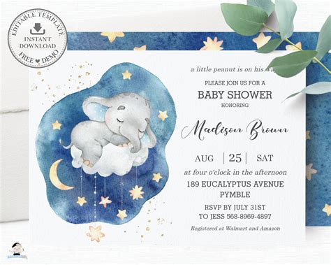 baby elephant cloud moon stars Elephant baby shower invitation girl ...