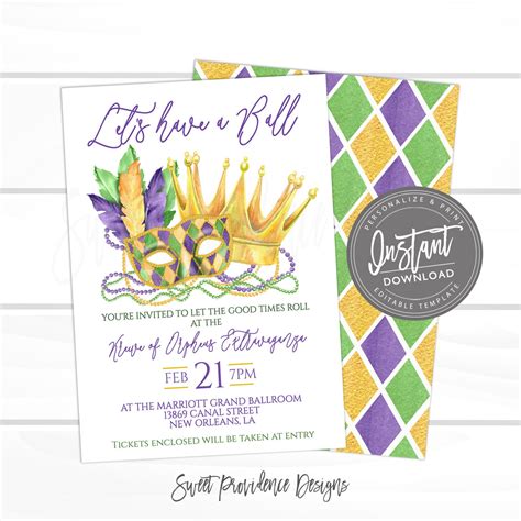 Mardi Gras Ball Invitation Editable Krewe Celebration - Etsy