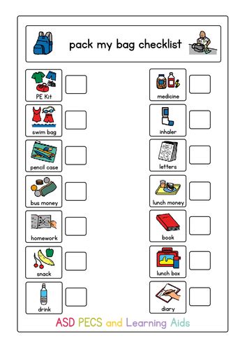 Back to School School Bag Checklist - Boardmaker Visual Aids for Autism ...