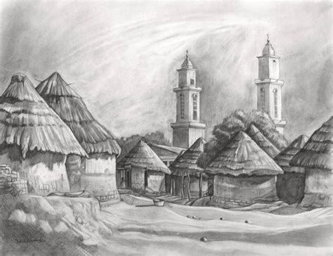 Sanankoro - Huts and Mosque in African Village Drawing by Dave Kobrenski | Saatchi Art