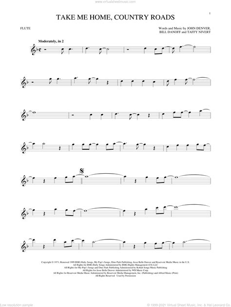 Take Me Home, Country Roads sheet music for flute solo (PDF)