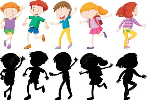 Children Characters In Silhouette And Colored Run Clip Silhouette Vector, Run, Clip, Silhouette ...