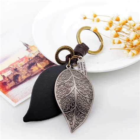 Vintage Car Key Chain Leather Cord Metal Leaf Trinket Keychain Key Ring For Jewelry Gift ...