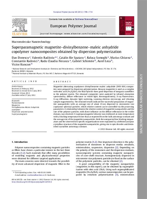 (PDF) Superparamagnetic magnetite–divinylbenzene–maleic anhydride copolymer nanocomposites ...