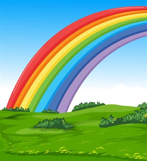 Free Vector | Colorful rainbow with meadow and sky cartoon style background