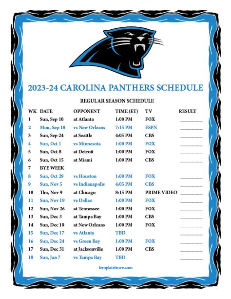 Printable 2023-2024 Carolina Panthers Schedule