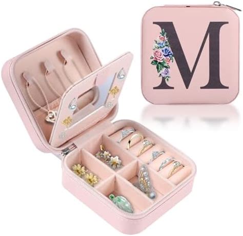 Kinwodon Small Jewellery Box Travel with Mirror Alphabet Jewellery Organiser Portable Earring ...