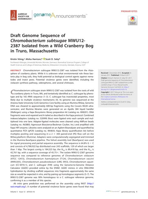 (PDF) Draft Genome Sequence of Chromobacterium subtsugae MWU12-2387 Isolated from a Wild ...