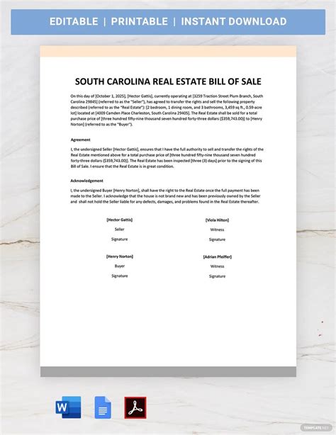 South Carolina Real Estate Bill of Sale Template in Word, Google Docs ...