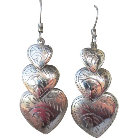Vintage Sterling Silver Triple Engraved Hearts Dangle Pierced Earrings. Vintage Jewelry under ...