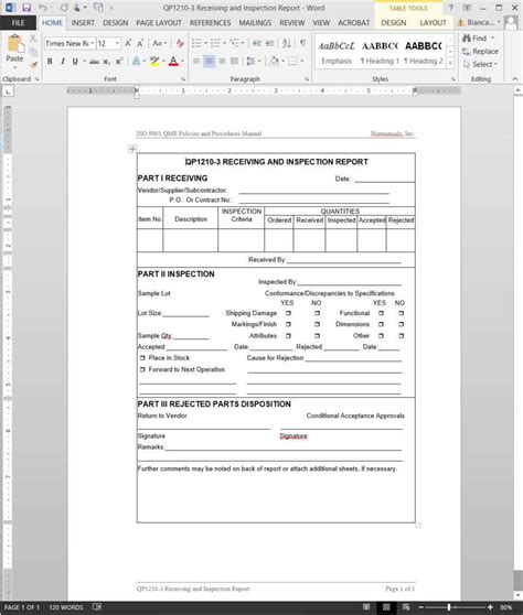 Receiving Inspection Report ISO Template