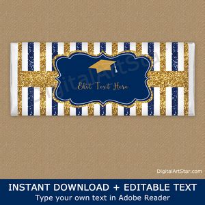 Striped Graduation Candy Bar Wrappers - Navy Blue and Gold Glitter - Digital Art Star