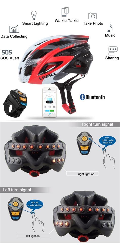 livall 7 in1 bluetooth smart bike helmet led tail light phone call music player camera support ...