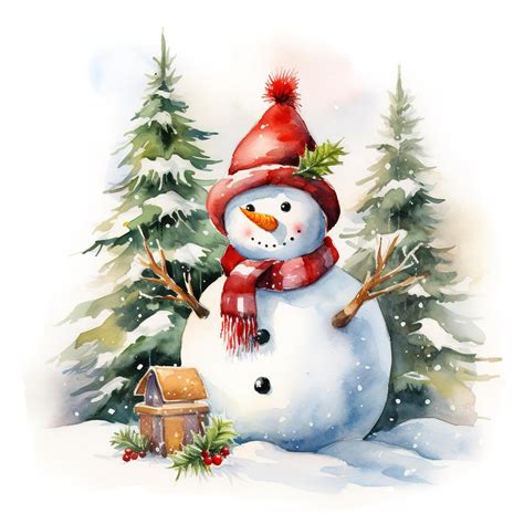 Premium AI Image | Snowman and Christmas tree watercolor style