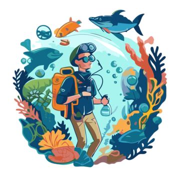 Marine Biologist Vector, Sticker Clipart Man In A Backpack And Glasses Surrounded By Fish And ...