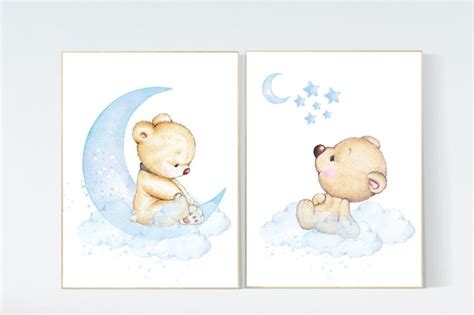 Nursery wall art bear, nursery decor animals, nursery decor woodland, nursery prints blue, teddy ...