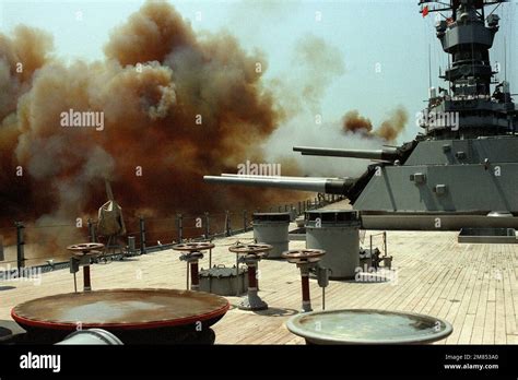 The three Mark 7 16-inch/50-caliber gun turrets of the battleship USS ...