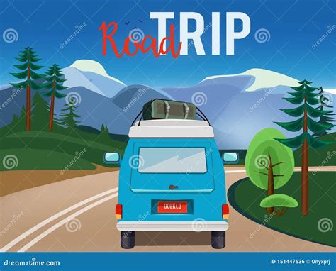 Road Trip. Moving Car on the Road Summer Landscape Background Countryside Adventure Vector ...