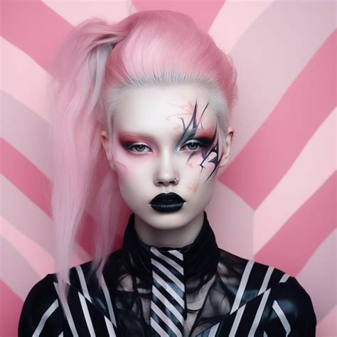 Premium AI Image | a woman with pink hair and black makeup is posing with a pink and white ...