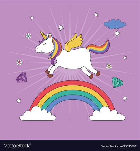 Unicorn flying over rainbow Royalty Free Vector Image